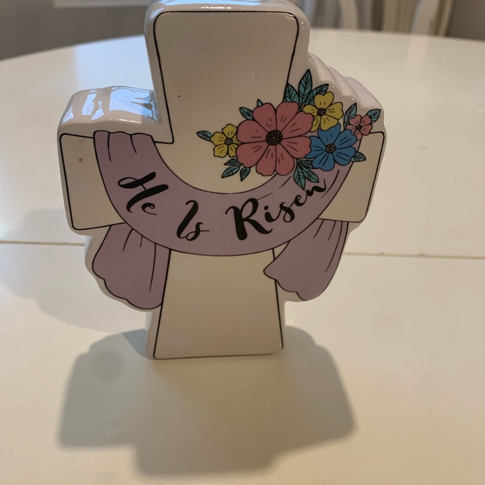He Is Risen Ceramic Cross Accent - Pink Floral